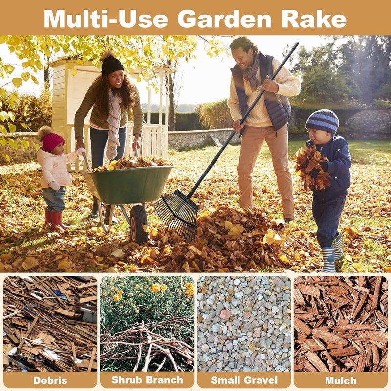Pragmatist Rake with Leaf Scoops Garden Leaf 25 Tines Lawn Leveling Tool, Heavy Duty 64.1 Inch Adjustable Handle Metal Rake for Picking Leaves Grass Garbage, Black - Image 5